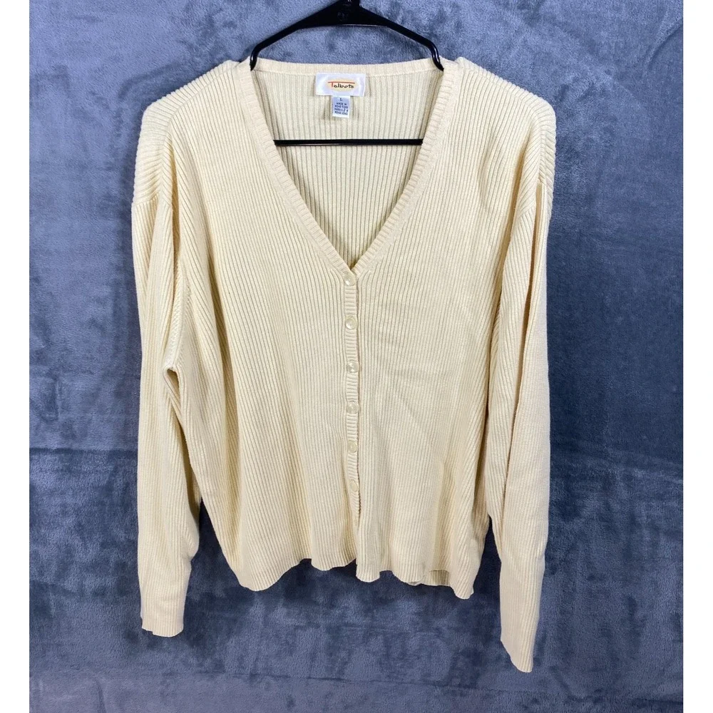 Vintage Talbots Cardigan Sweater Large Yellow All Cotton Button Up Tight Knit